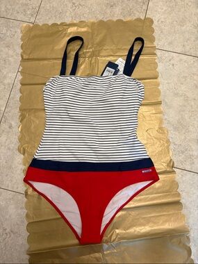 Colmar Navy & White Striped One-Piece with Red Bottom